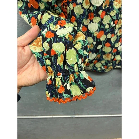 Hailey & Co Blouse Women's Large Black Orange Green Floral Ruffle V Neck Boho - Picture 4 of 11